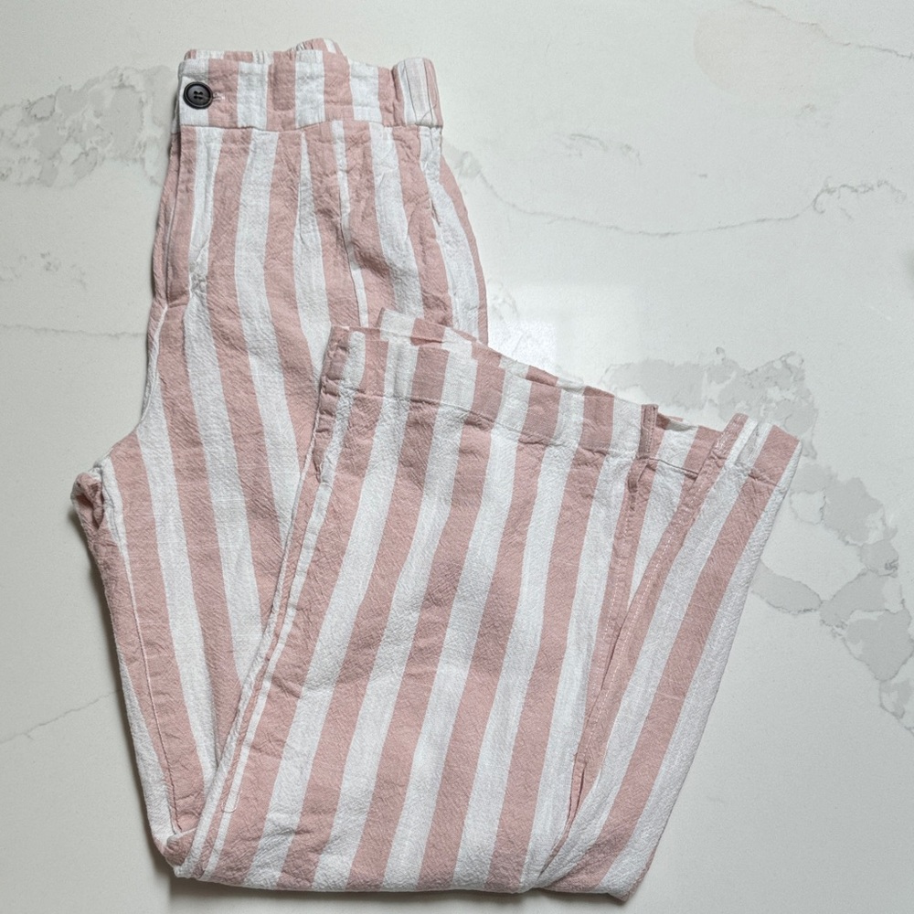 Chic Striped Wide-Leg Linen Pants in Pink and White